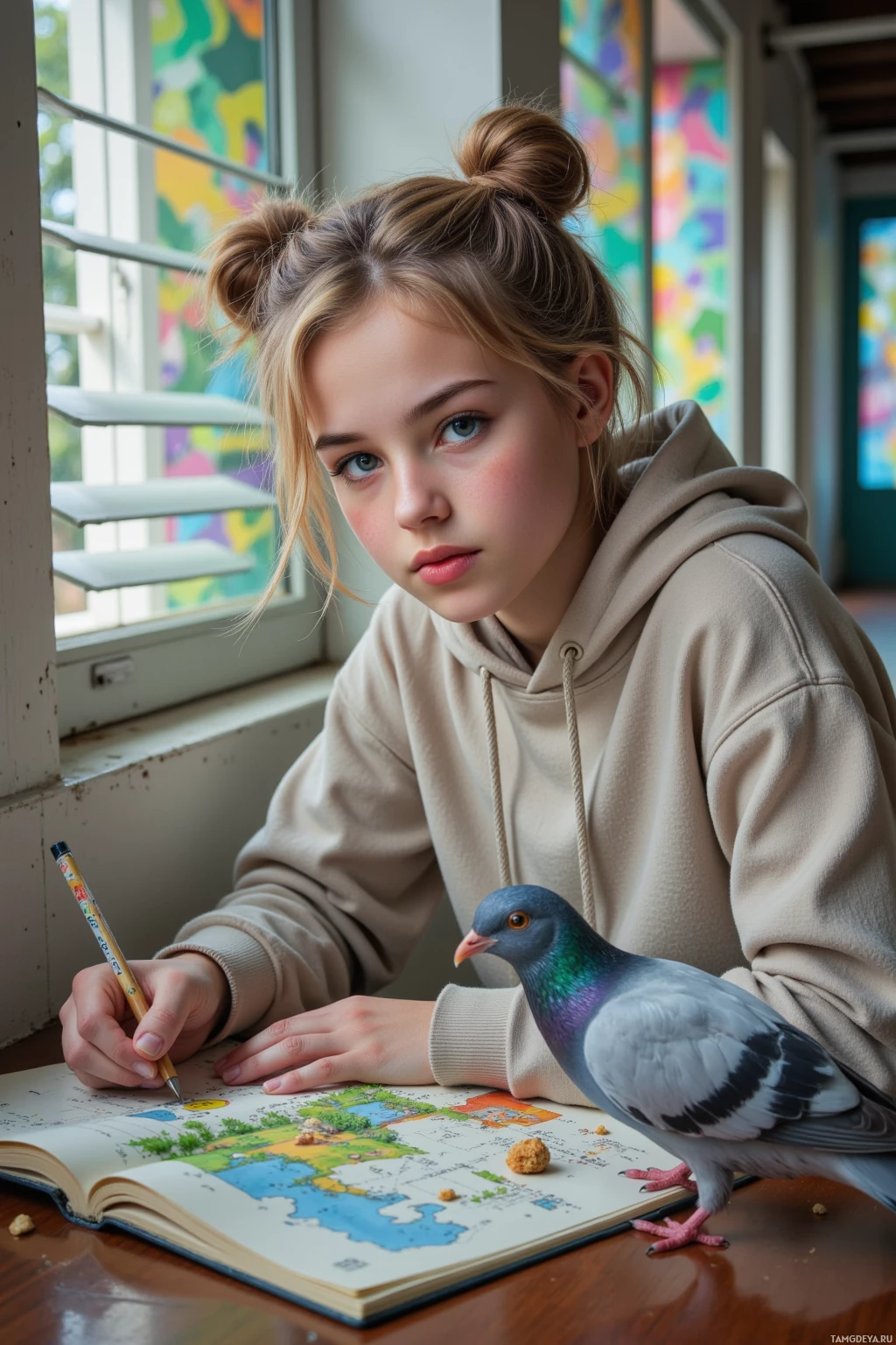 A young girl in a beige hoodie is drawing in a notebook with a pigeon perched nearby.