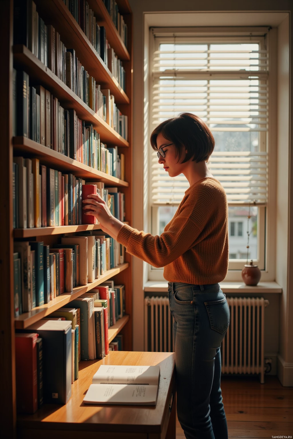 A person stands by a bookshelf, reaching for a book in a warmly lit room.