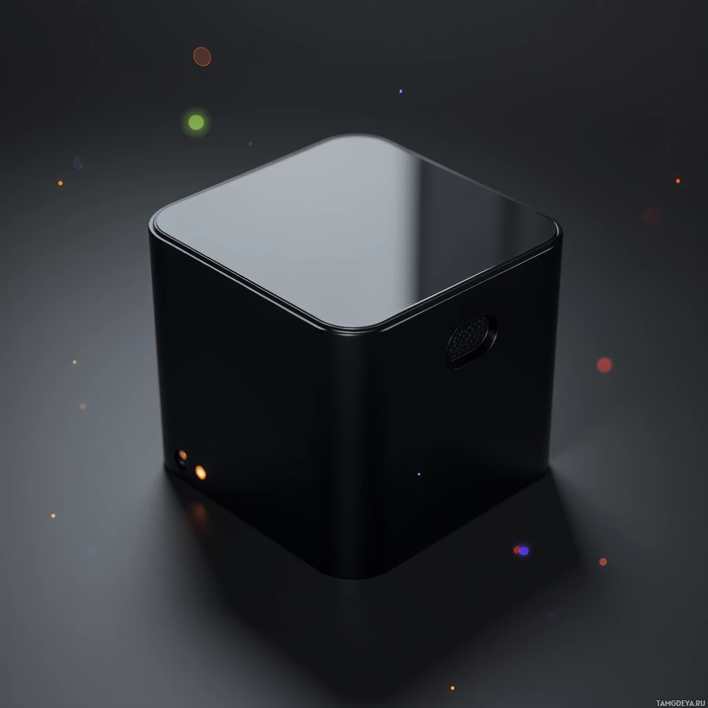 A sleek, black cube with glowing lights on a dark background.