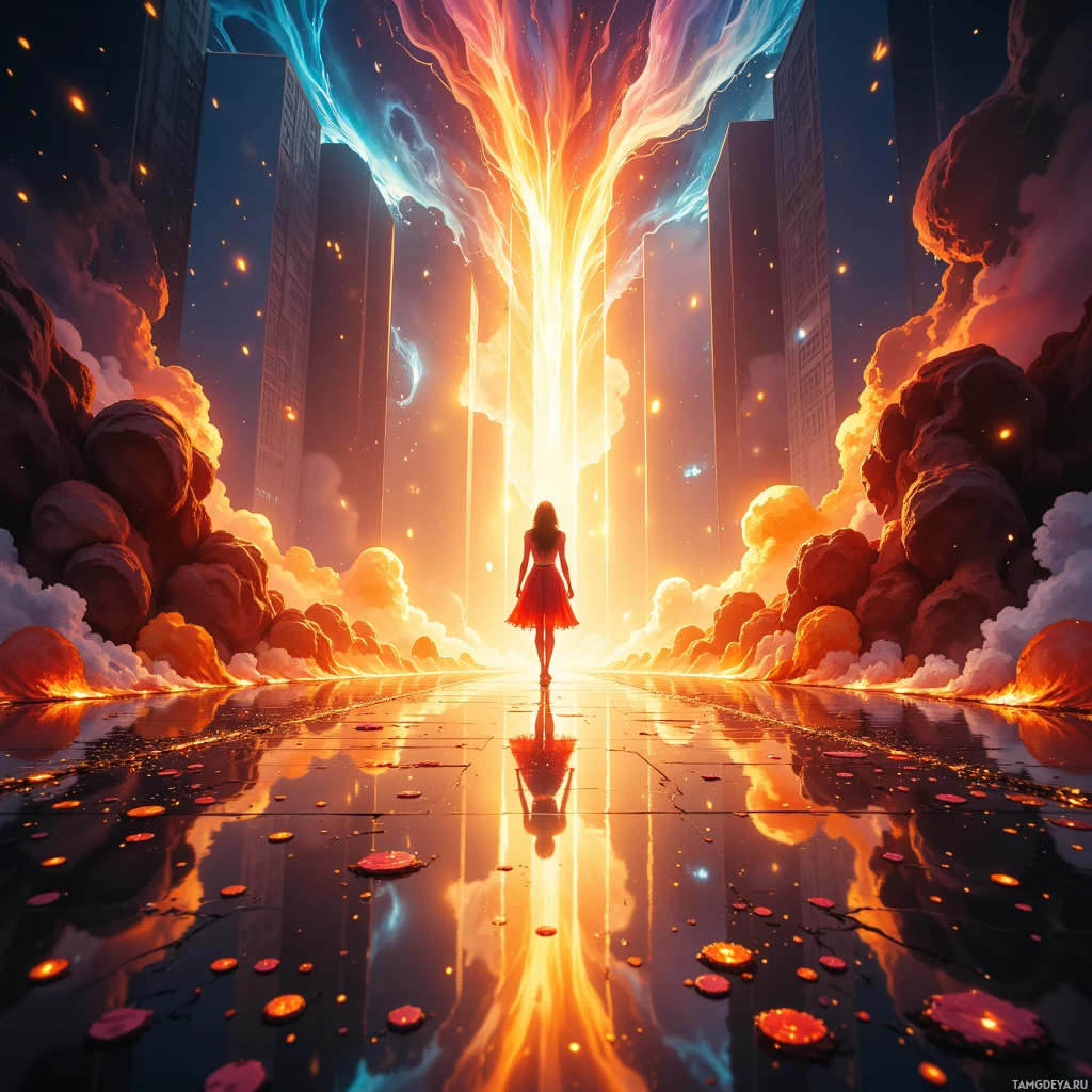 A woman in a red dress stands at the center of a glowing, fiery cityscape with a bright light beam rising above.