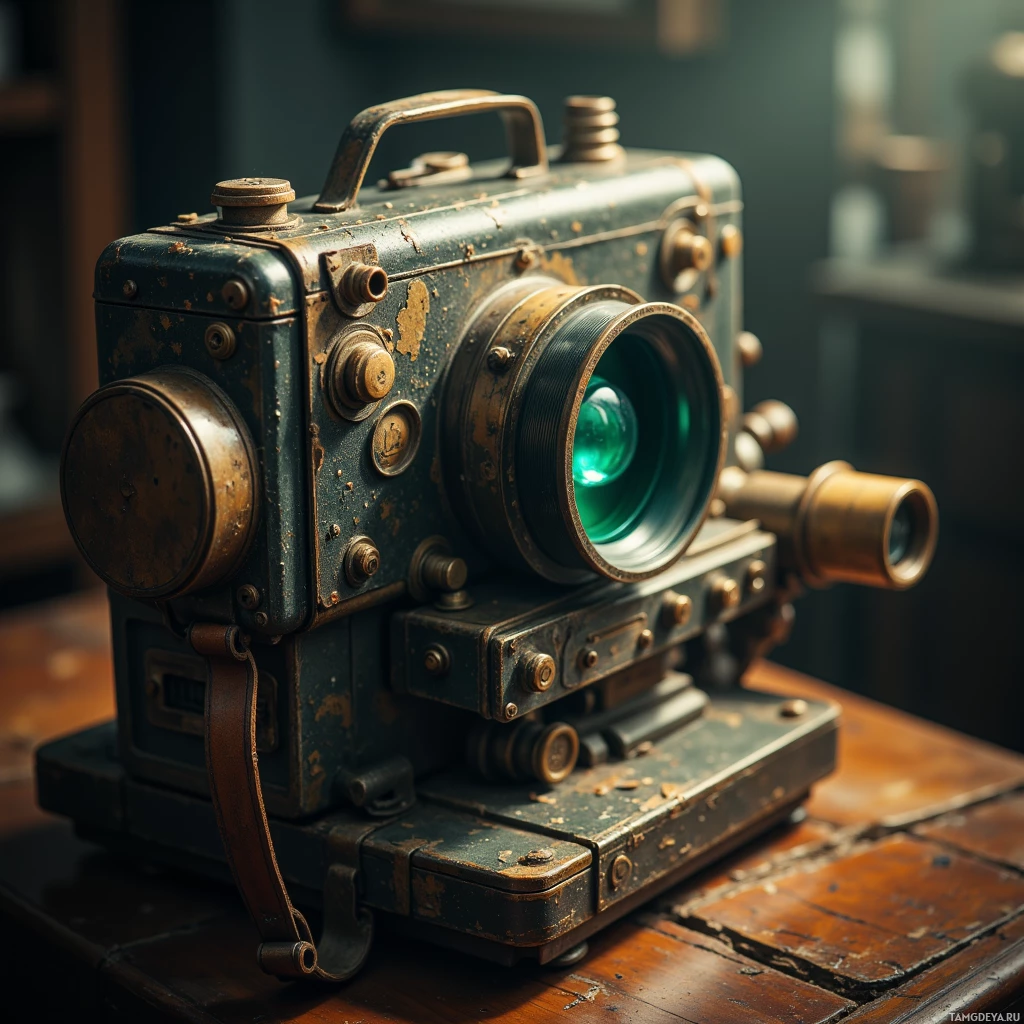 An old, worn-out film projector with a large lens and various knobs sits on a wooden table.