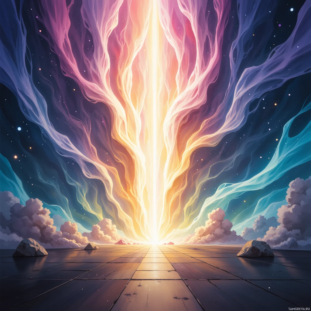 A vibrant, ethereal sky with flowing clouds and a radiant light source above a tiled pathway.