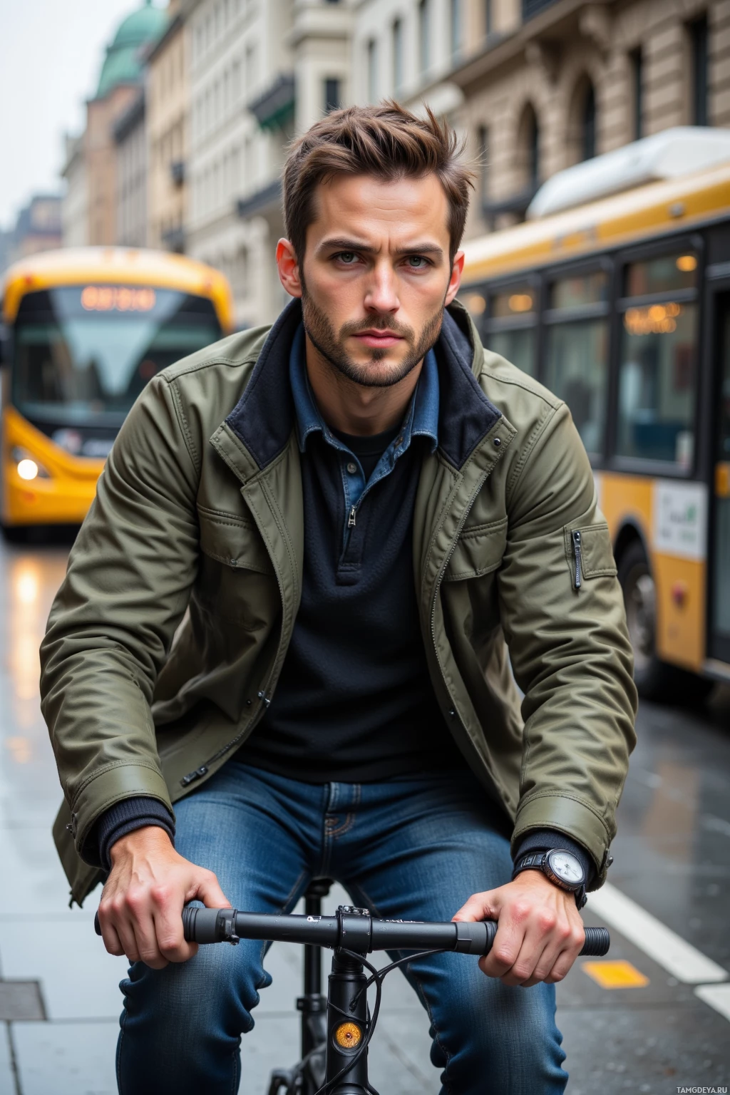 A man in a green jacket and jeans rides a bicycle on a city street.