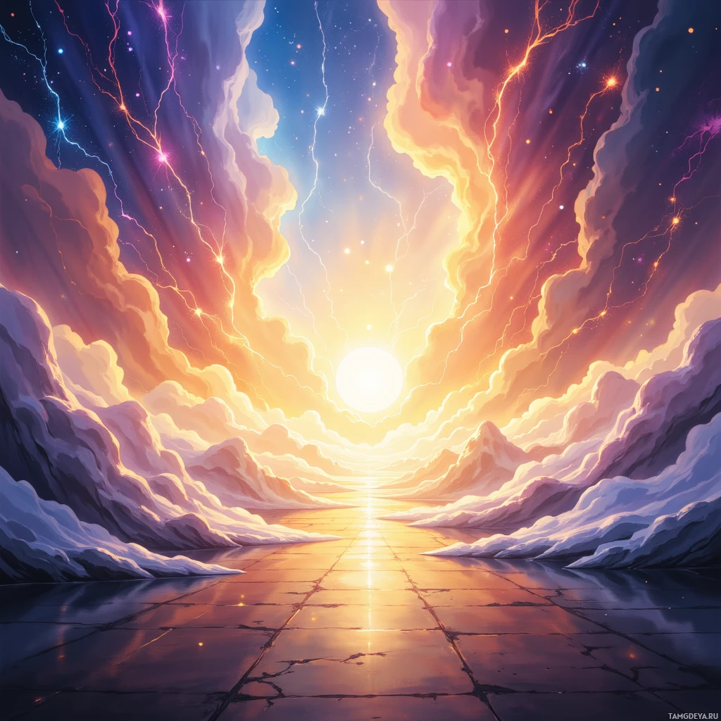 A vibrant, ethereal landscape featuring a glowing sun, colorful clouds, and a reflective pathway leading towards the horizon.