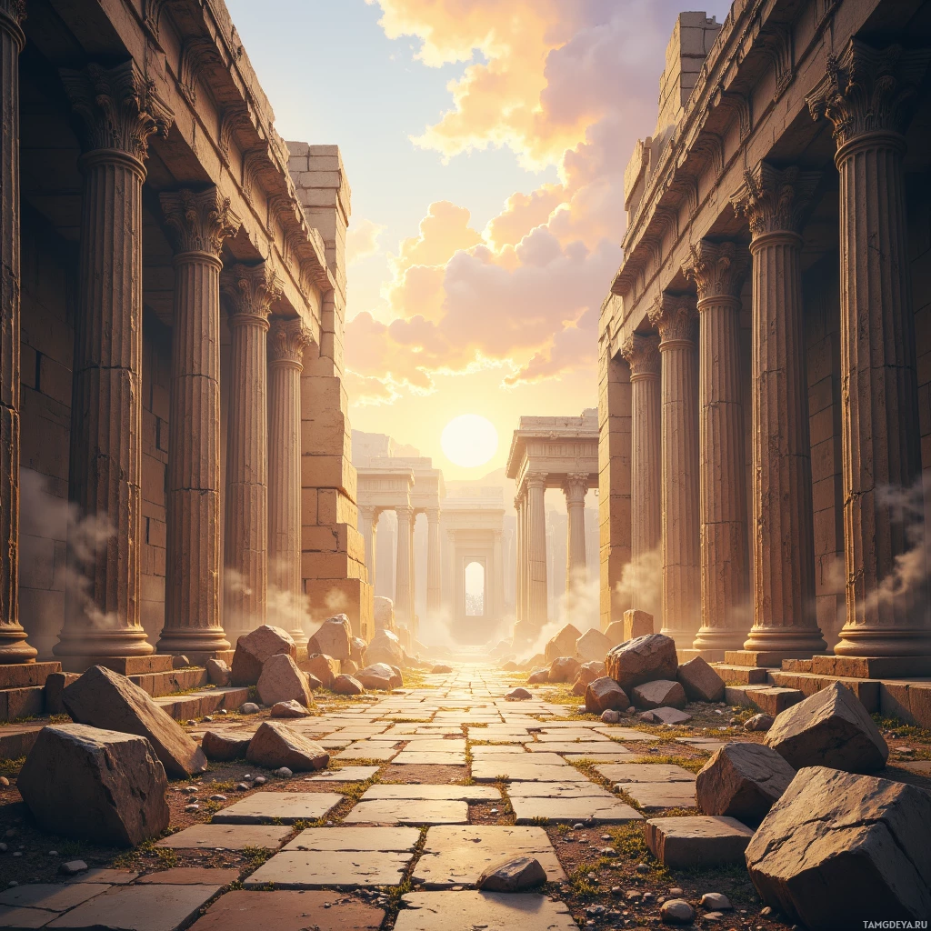 Ancient stone columns and ruins under a golden sunset sky.