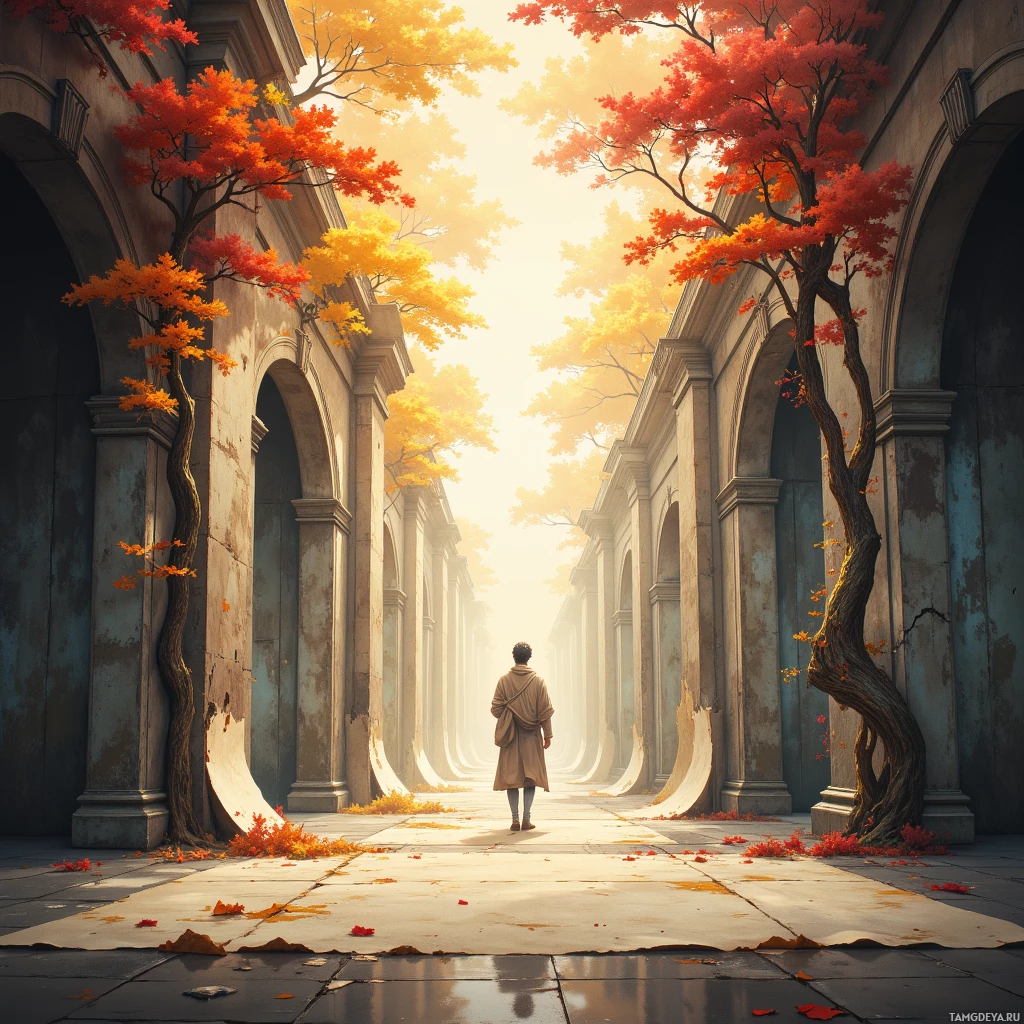 A solitary figure walks down a sunlit, autumnal pathway lined with ancient stone arches and vibrant fall foliage.