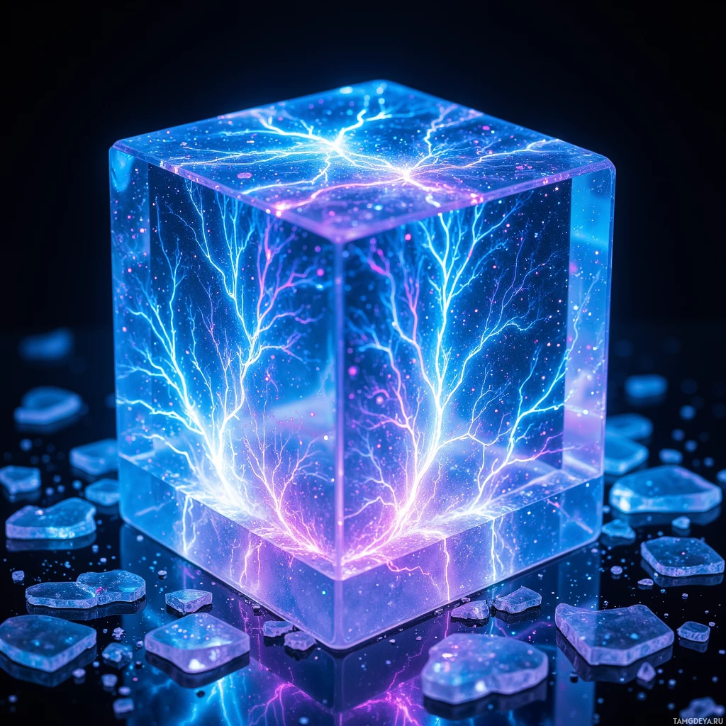 A glowing, electrically charged cube with intricate lightning patterns and small glowing particles.