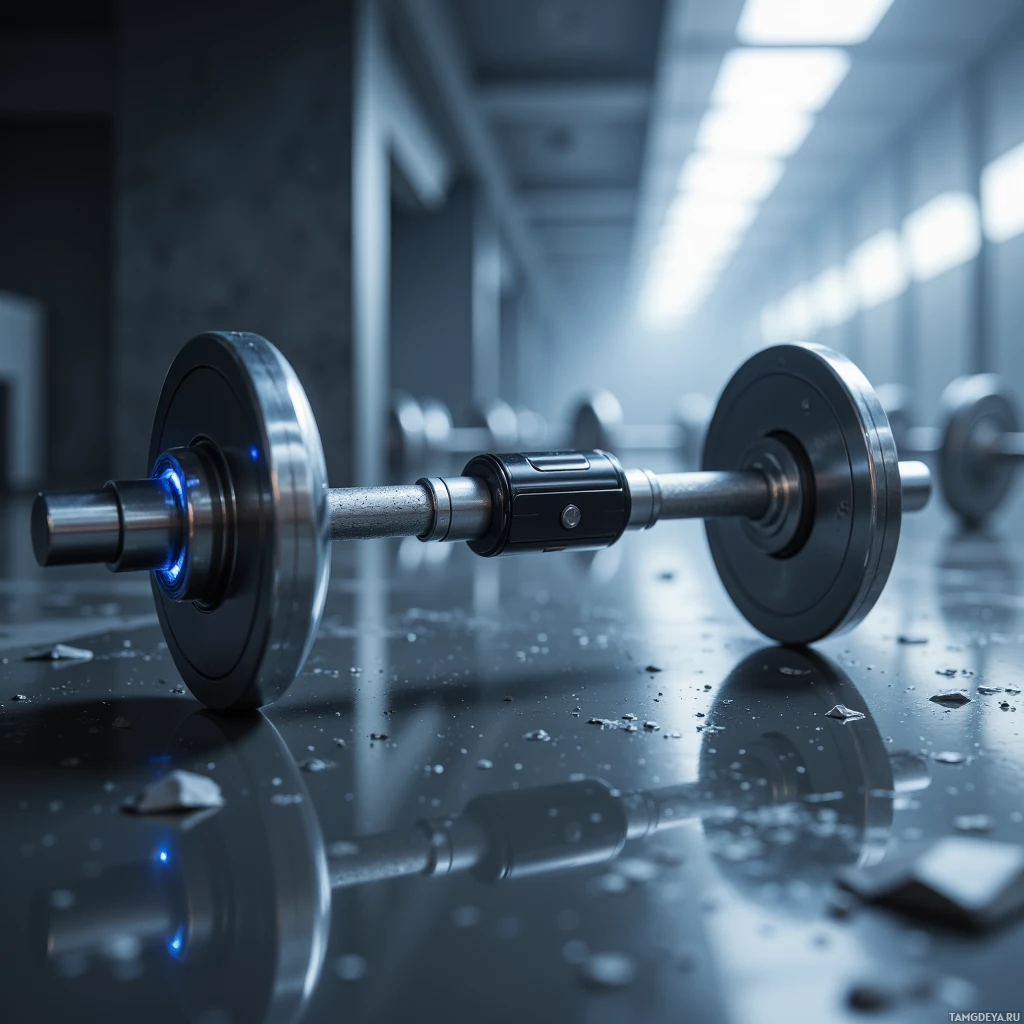 A close-up of a metallic dumbbell resting on a reflective surface in a dimly lit environment.
