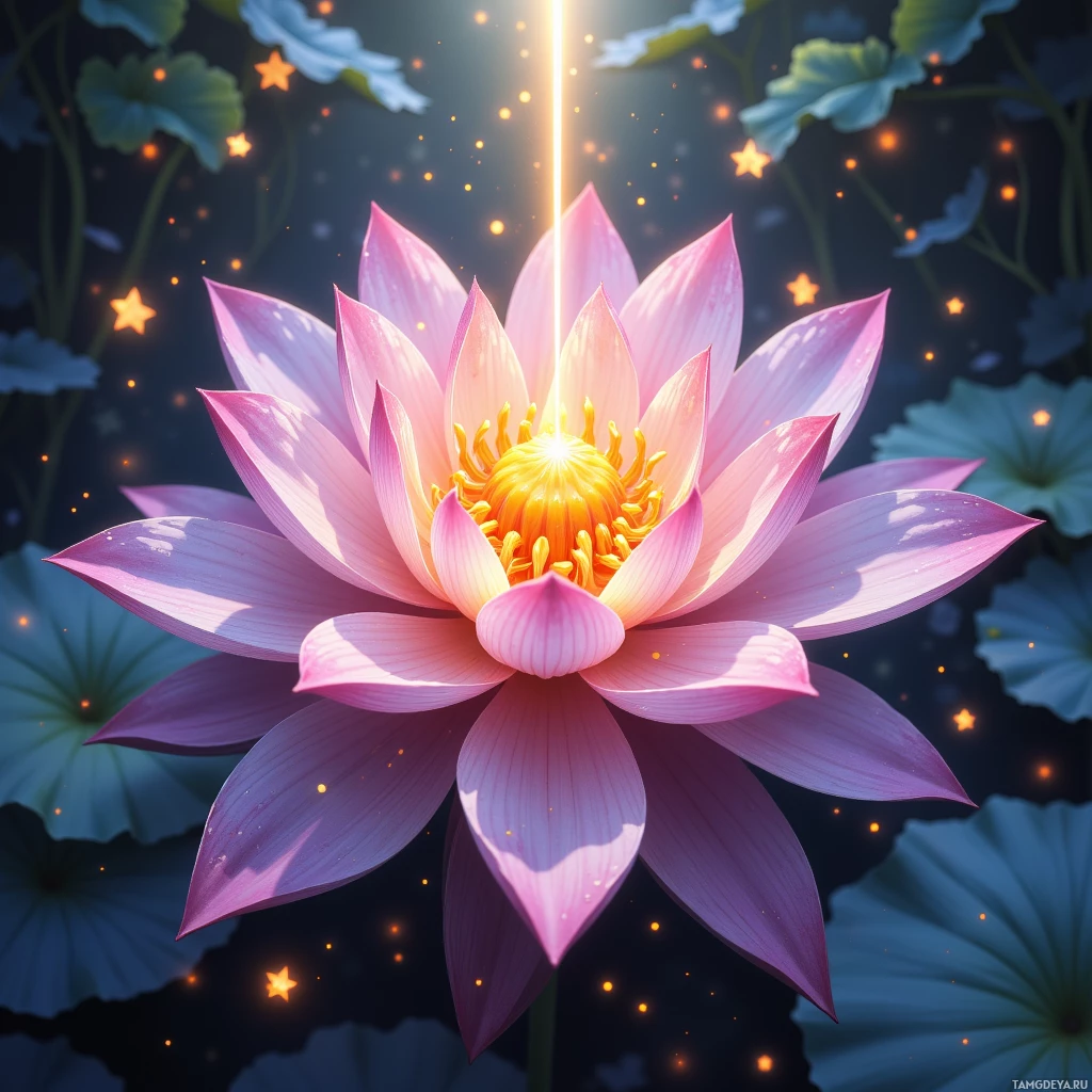 A vibrant pink lotus flower with a glowing center and starry background.