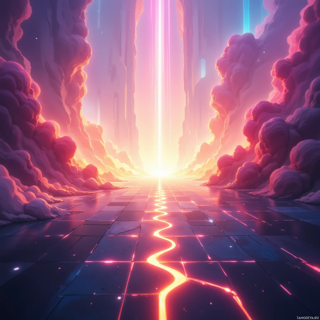 A vibrant, futuristic scene with glowing lines and a bright light at the end of a path.