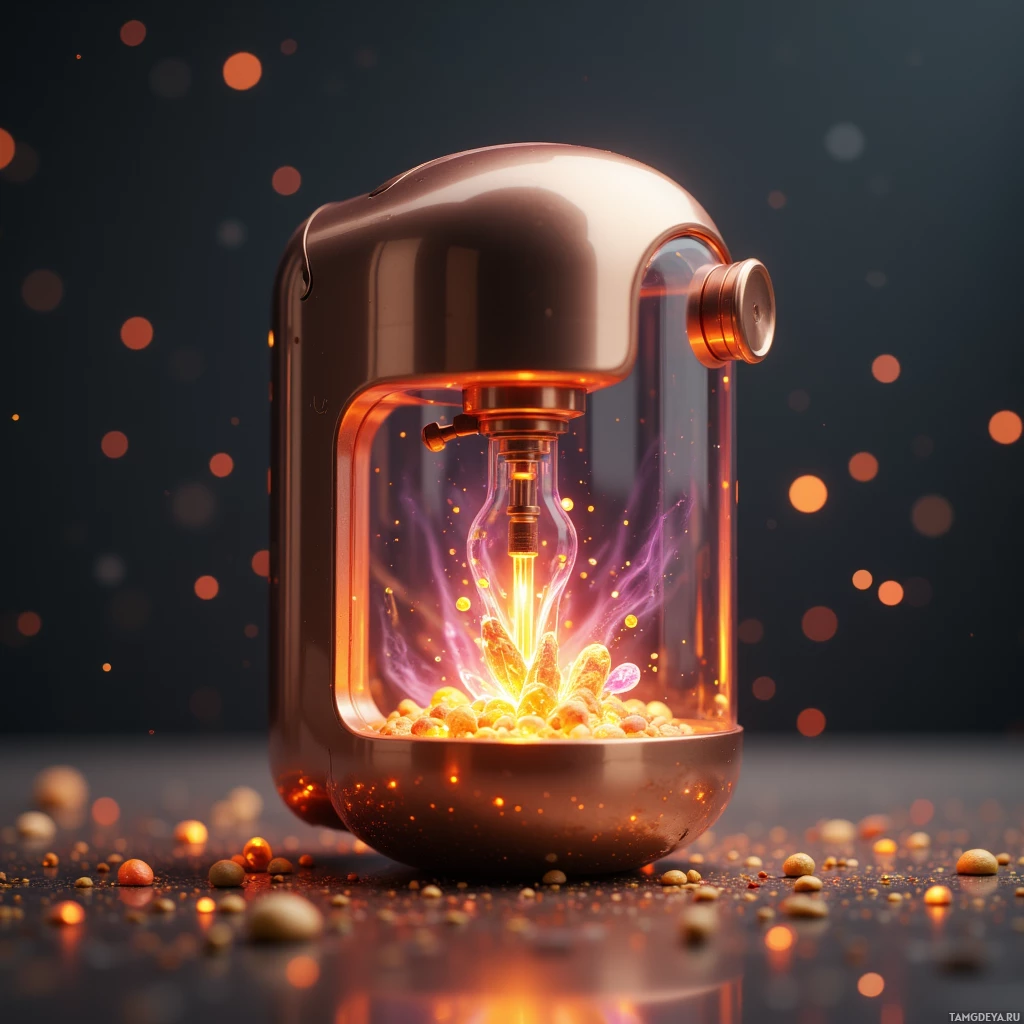 A glowing, futuristic device with a transparent dome and internal energy or particle emissions.