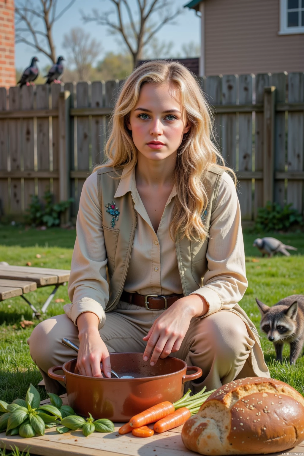 A woman in a beige outfit sits outdoors with a bowl, fresh vegetables, and bread on a table.