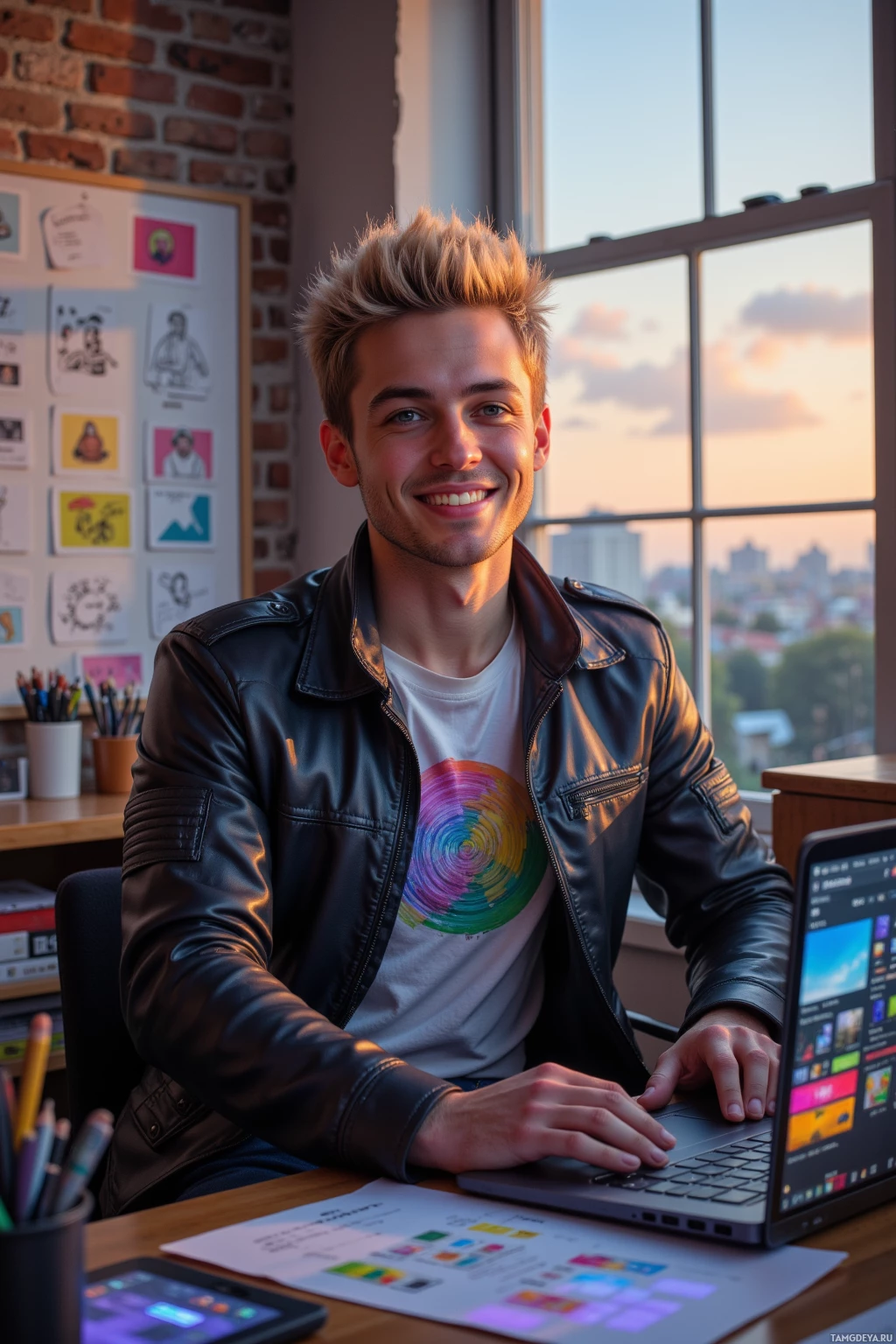 A person wearing a leather jacket sits at a desk with a laptop, smiling at the camera.