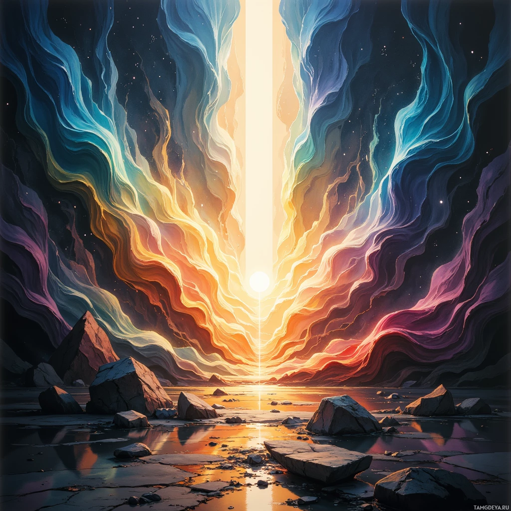 A vibrant, abstract landscape featuring flowing, colorful waves converging towards a bright light source at the center.