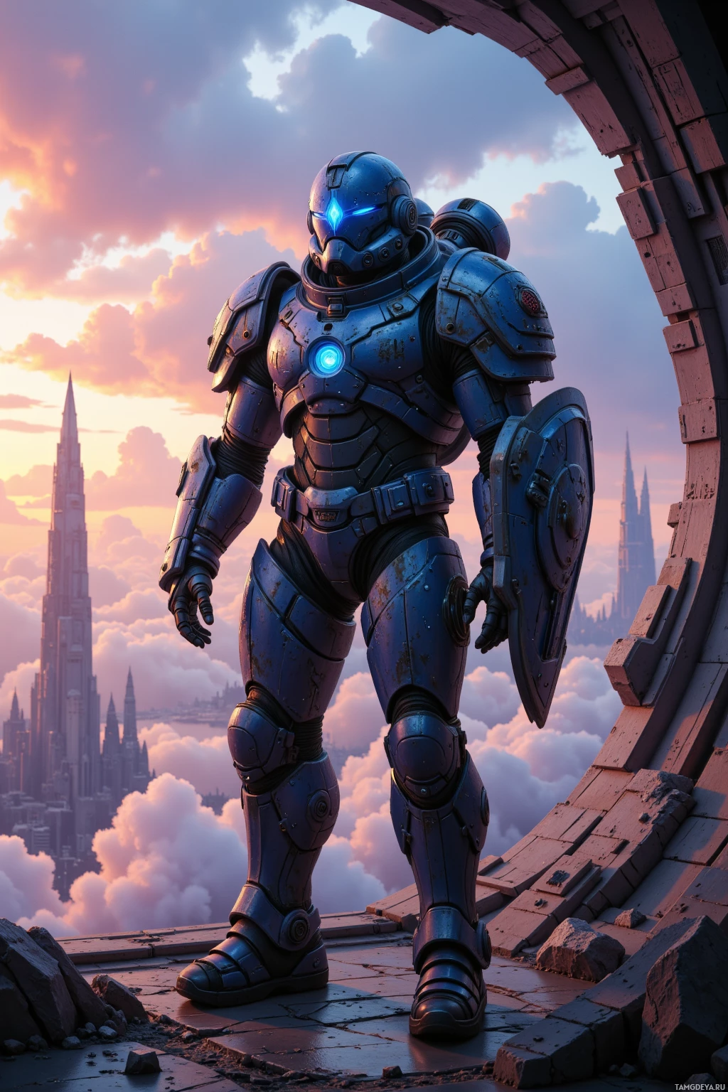 A futuristic armored figure stands on a rooftop, holding a shield, with a cityscape and sunset in the background.