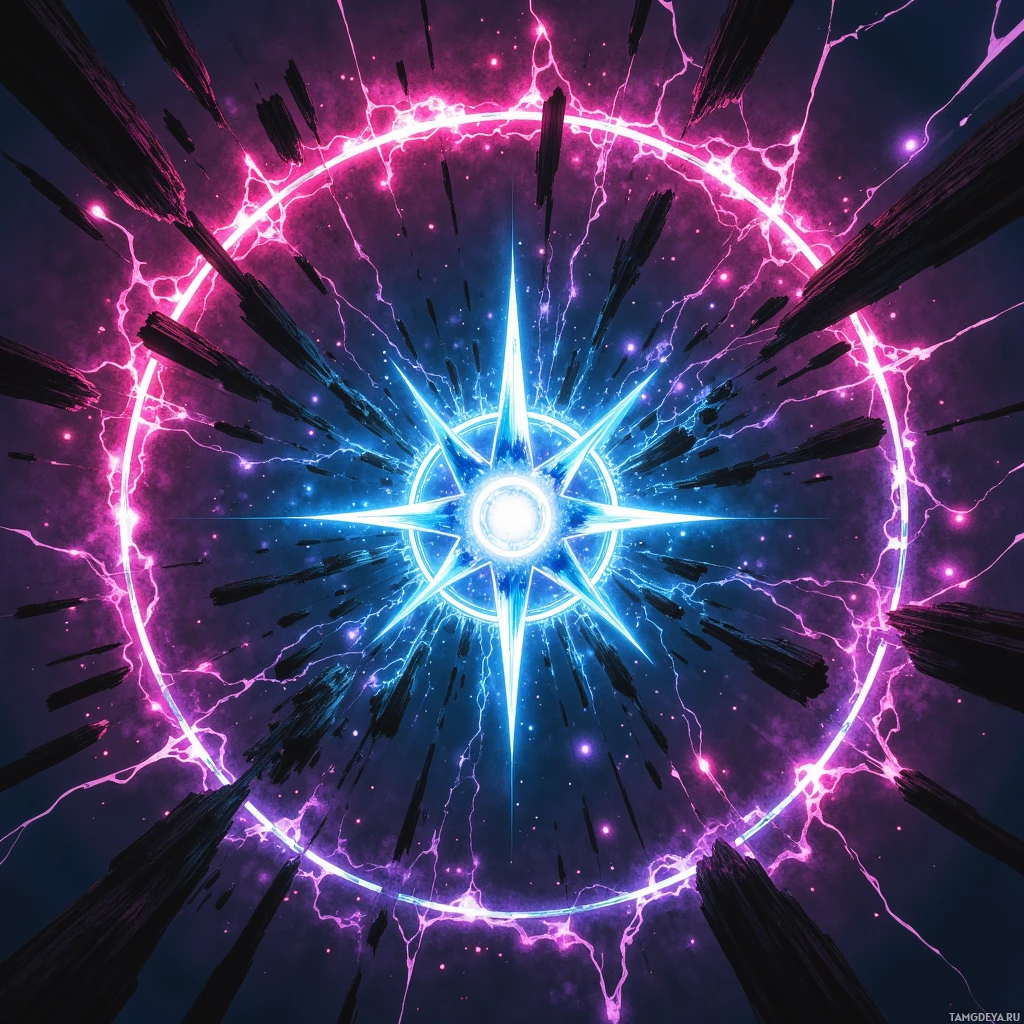 A vibrant cosmic scene featuring a central glowing star surrounded by dynamic pink and blue lightning bolts and star-like particles.