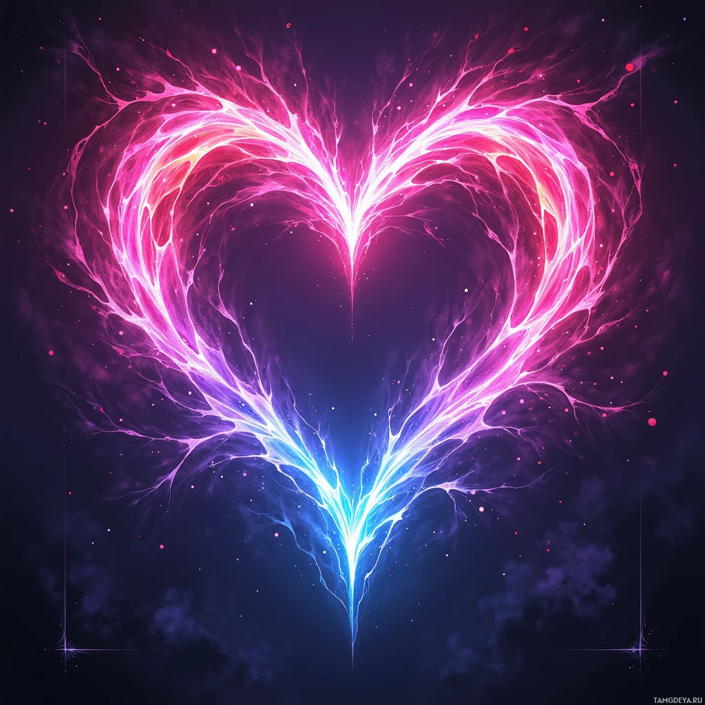 A glowing, electric heart shape with vibrant pink and blue hues against a dark background.