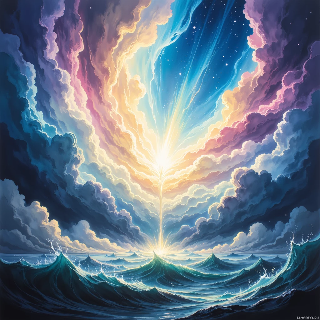 A vibrant, cosmic scene with dynamic clouds and a radiant light source above crashing ocean waves.