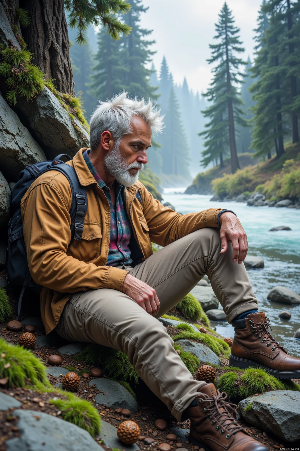 A man with gray hair and a beard sits by a river, surrounded by a forested landscape.