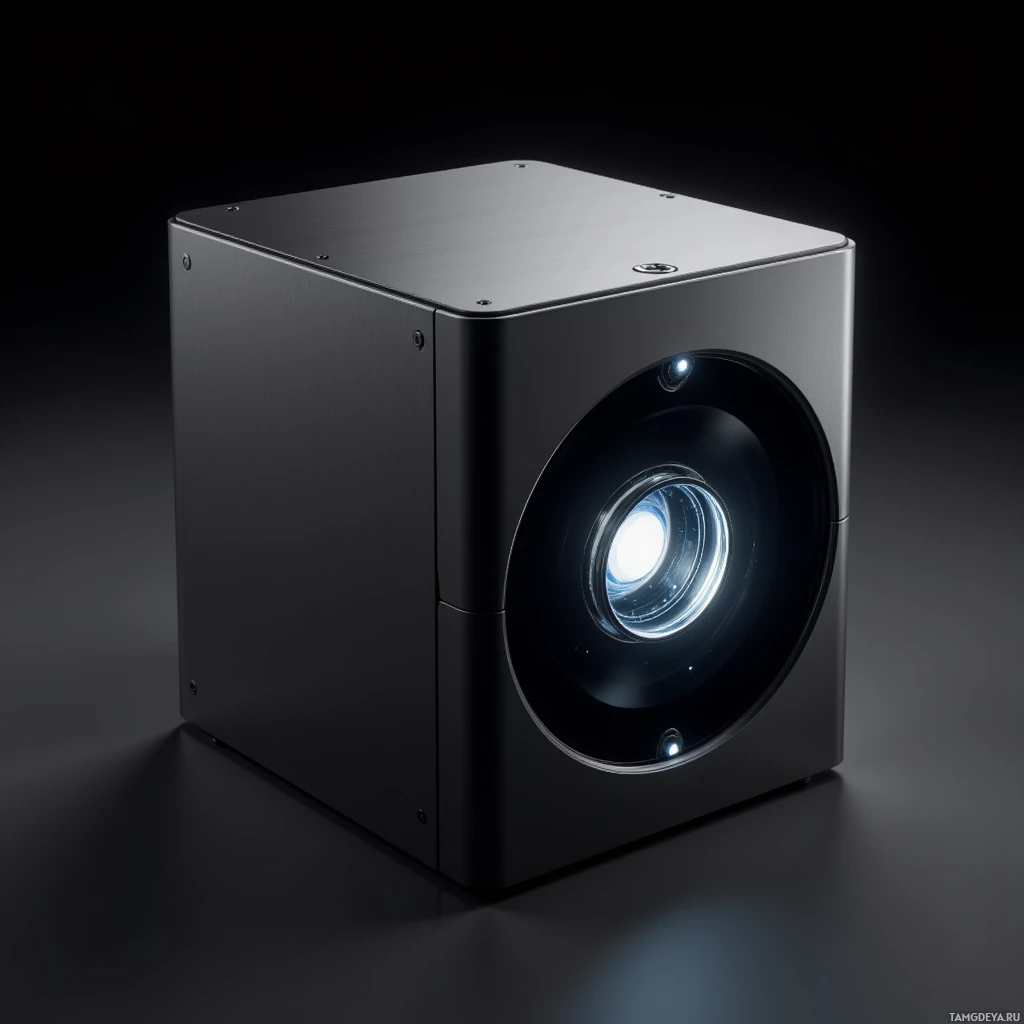 A sleek, black, cube-shaped device with a circular lens and glowing light at its center.