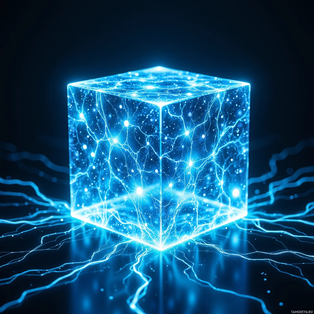 A glowing blue cube with intricate light patterns and particles.