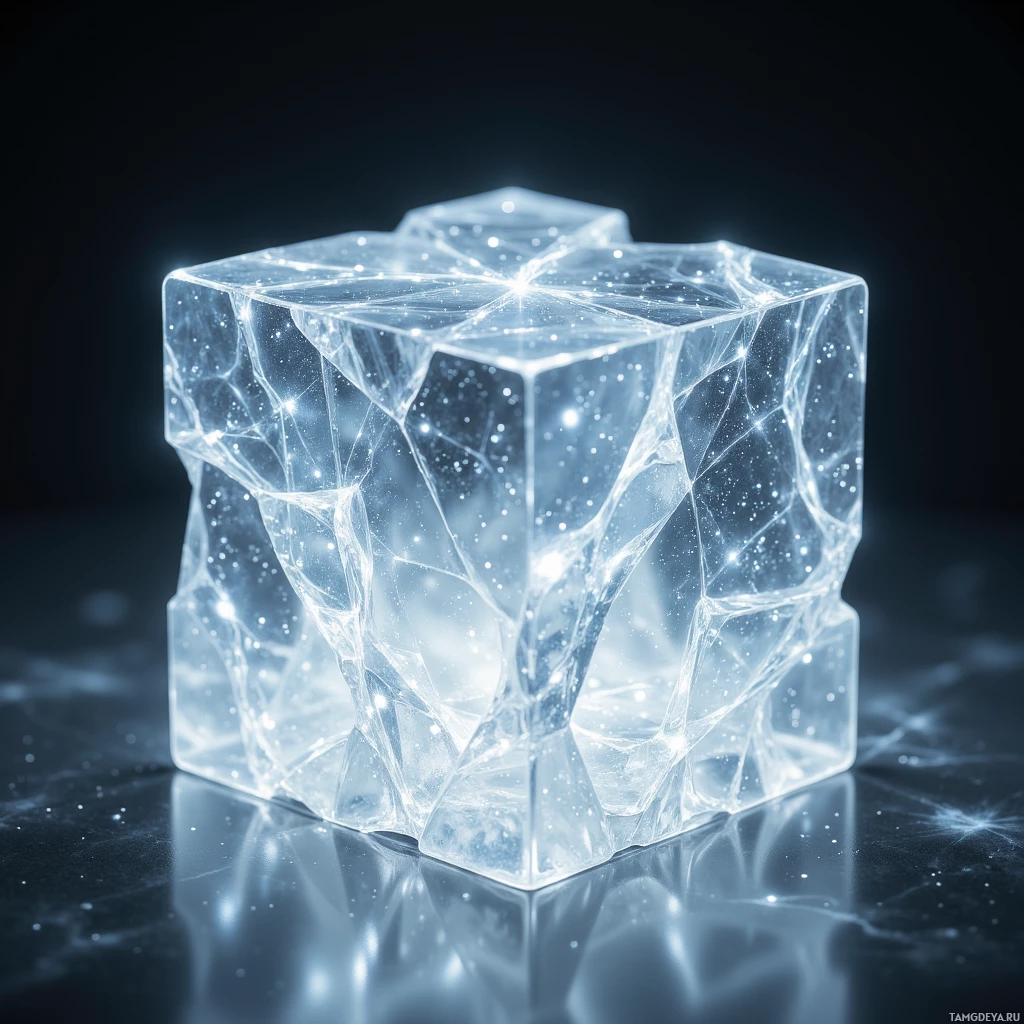 A glowing, transparent cube with intricate, glowing lines and particles inside, set against a dark background.