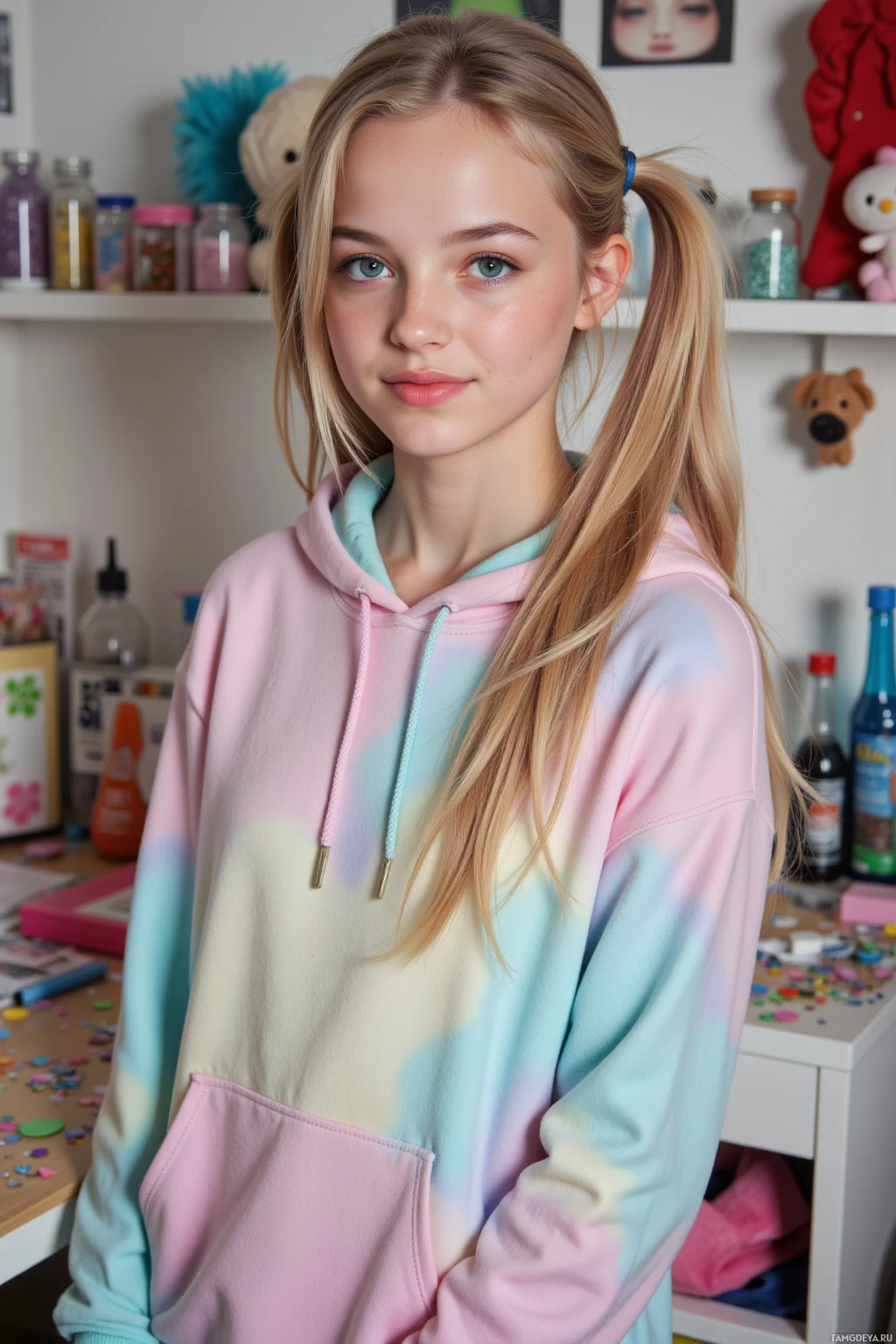 A young person with long blonde hair in pigtails wears a pastel tie-dye hoodie in a room with shelves and toys.