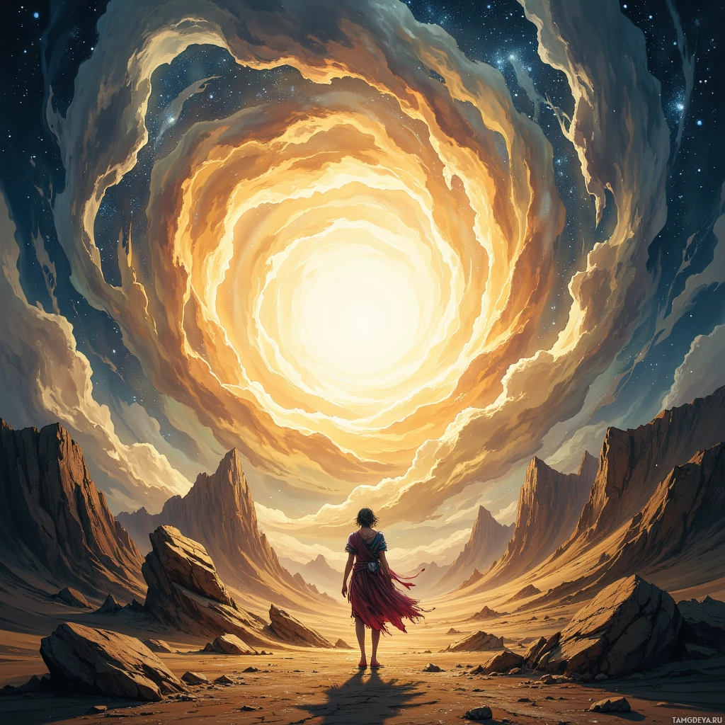 A lone figure stands in a vast desert under a swirling, cosmic sky.