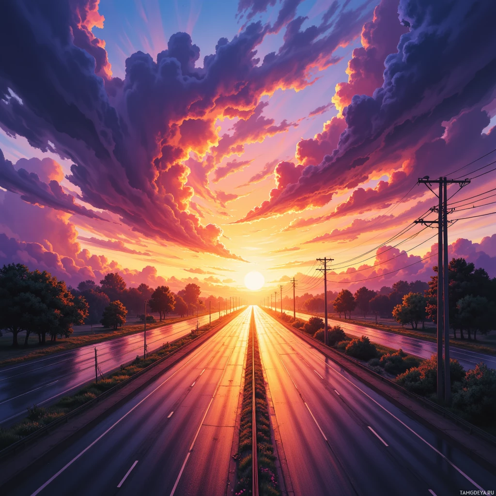 A scenic view of a road under a vibrant sunset sky with dramatic clouds.