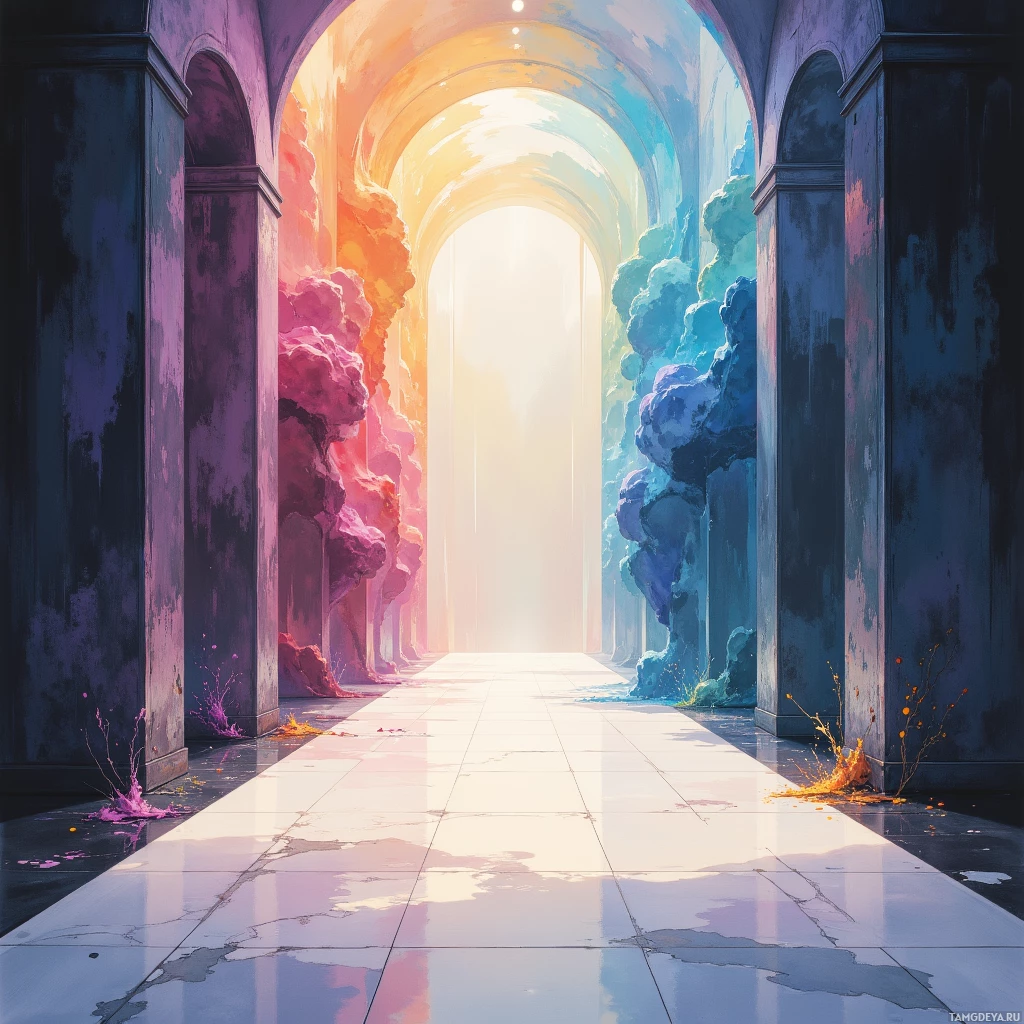 A vibrant, surreal hallway with colorful clouds and light at the end.