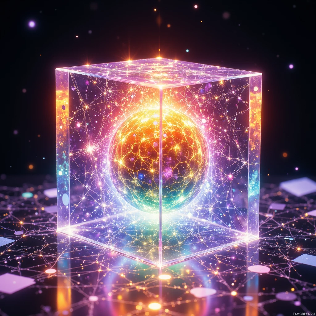A glowing, transparent cube containing a vibrant, networked sphere against a starry background.
