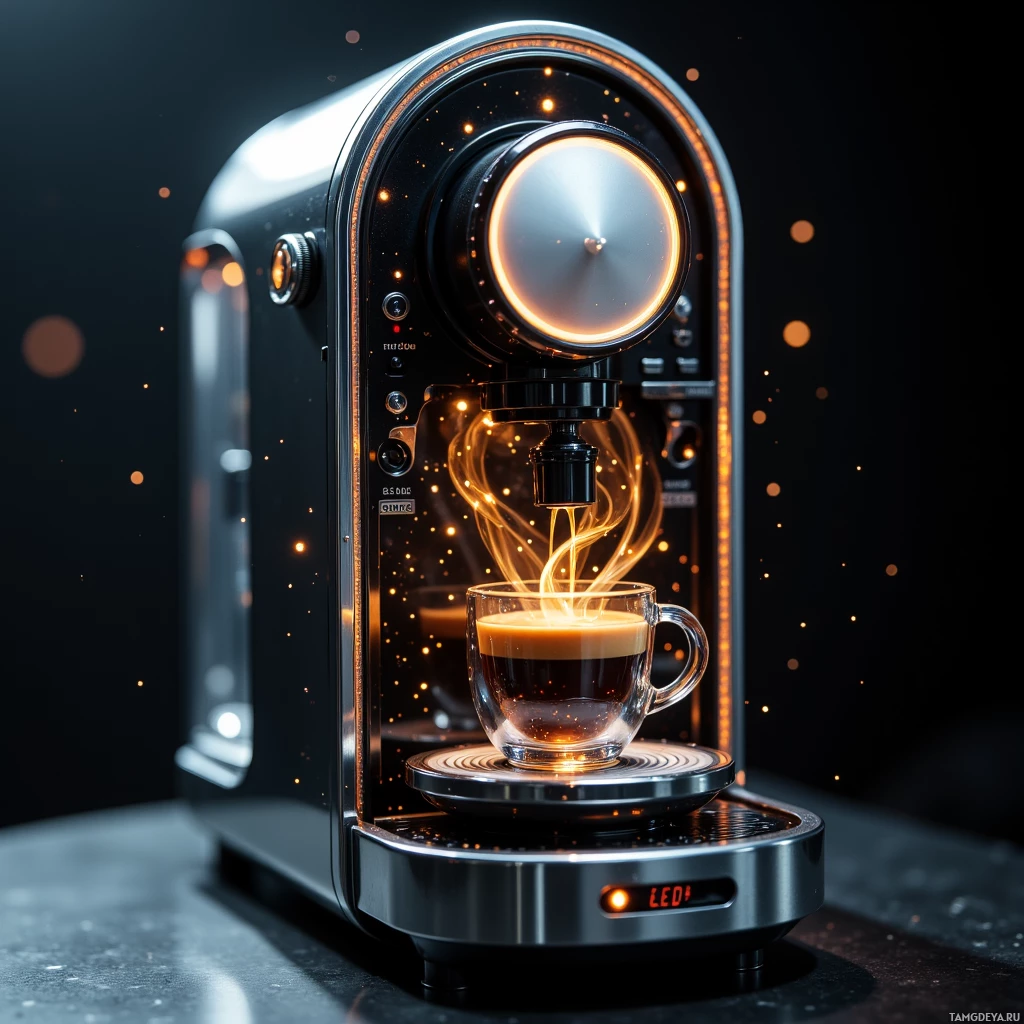 A modern coffee machine dispensing a cup of espresso with a glowing effect.