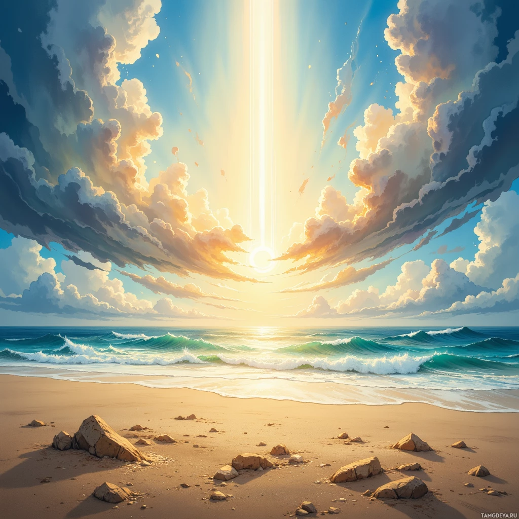 A serene beach scene with crashing waves, golden sand, and a radiant sunburst through the clouds.