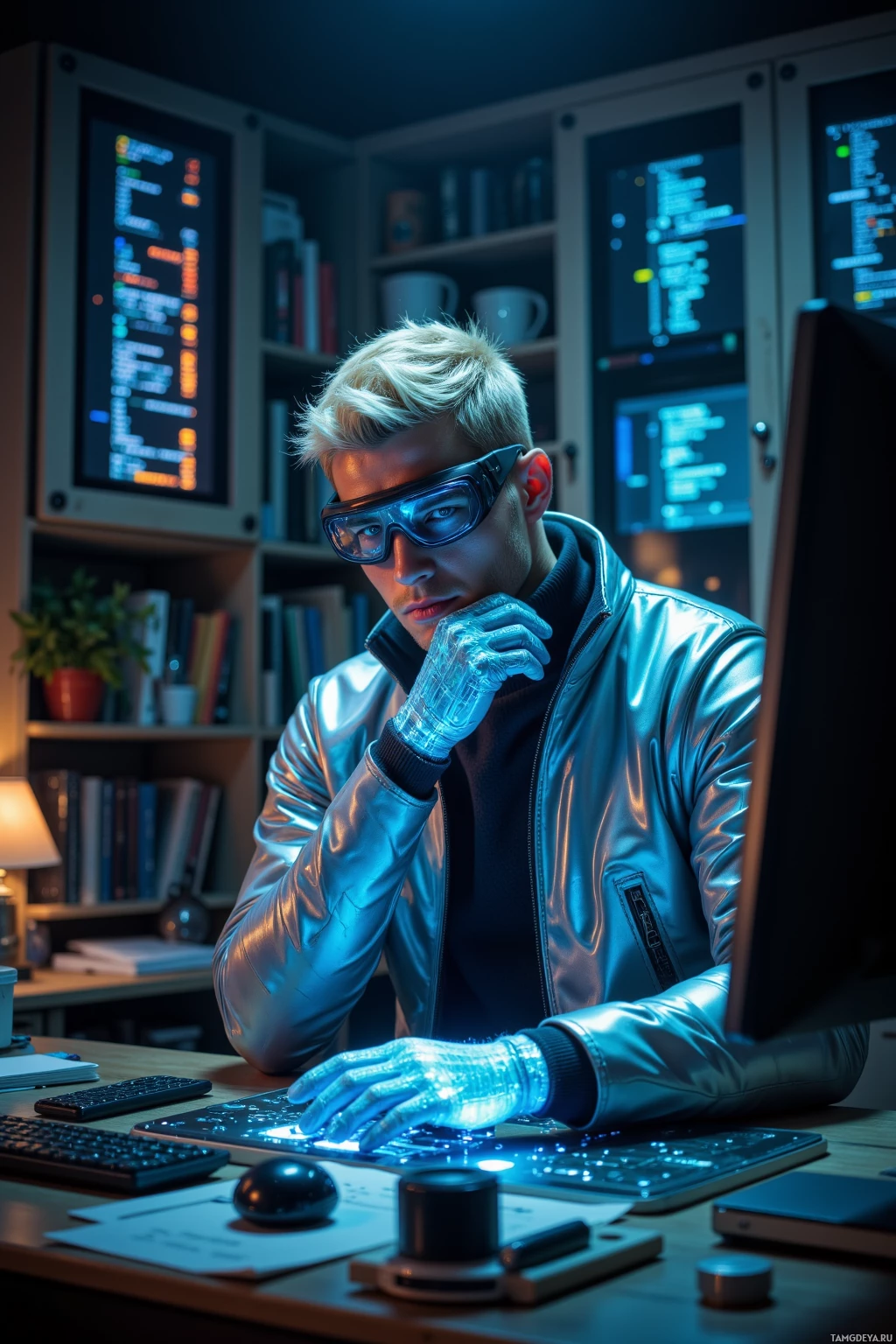A person wearing futuristic glasses and a metallic jacket is working at a desk with glowing screens and a computer.