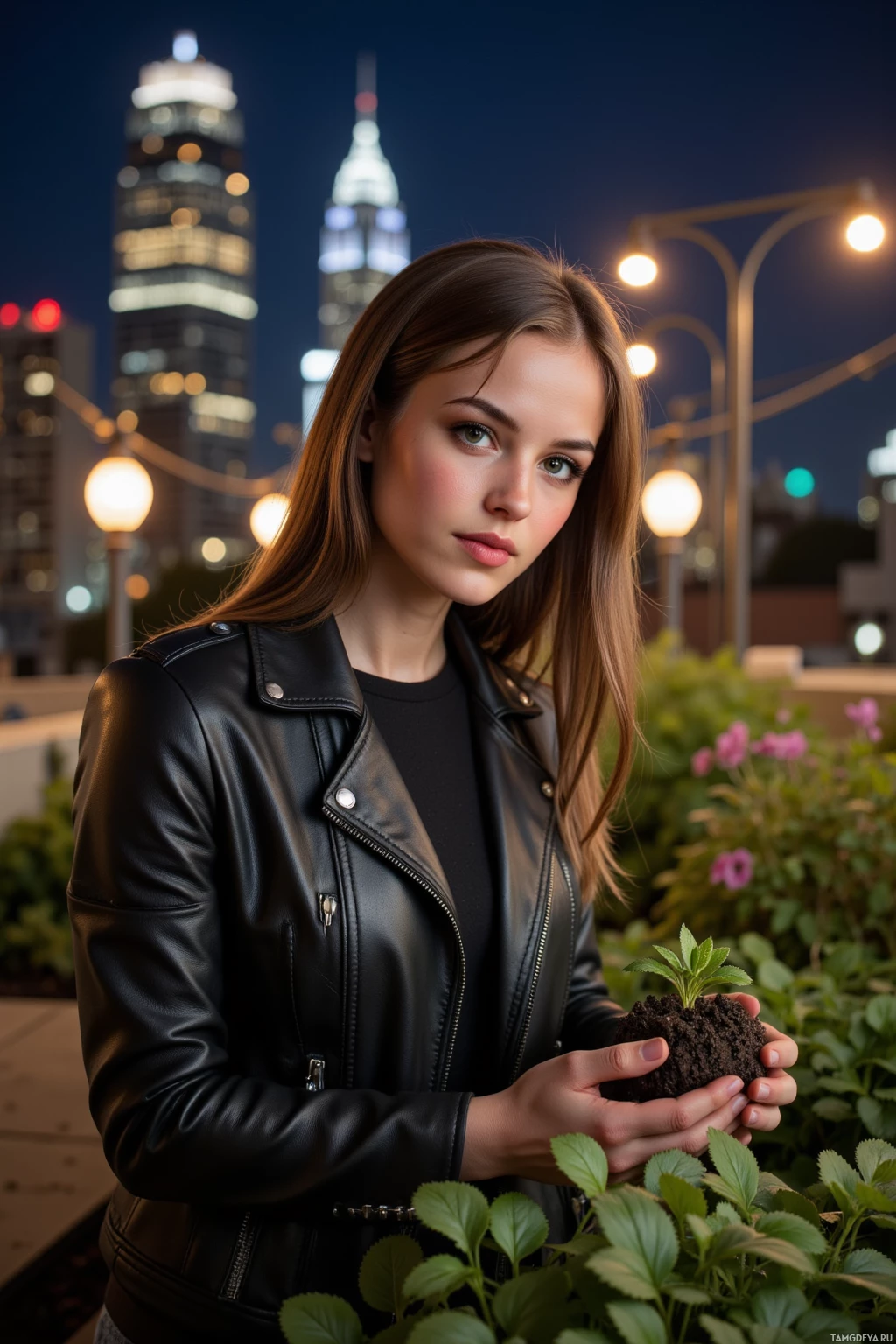 A person in a black leather jacket holds a small plant in front of a cityscape at night.