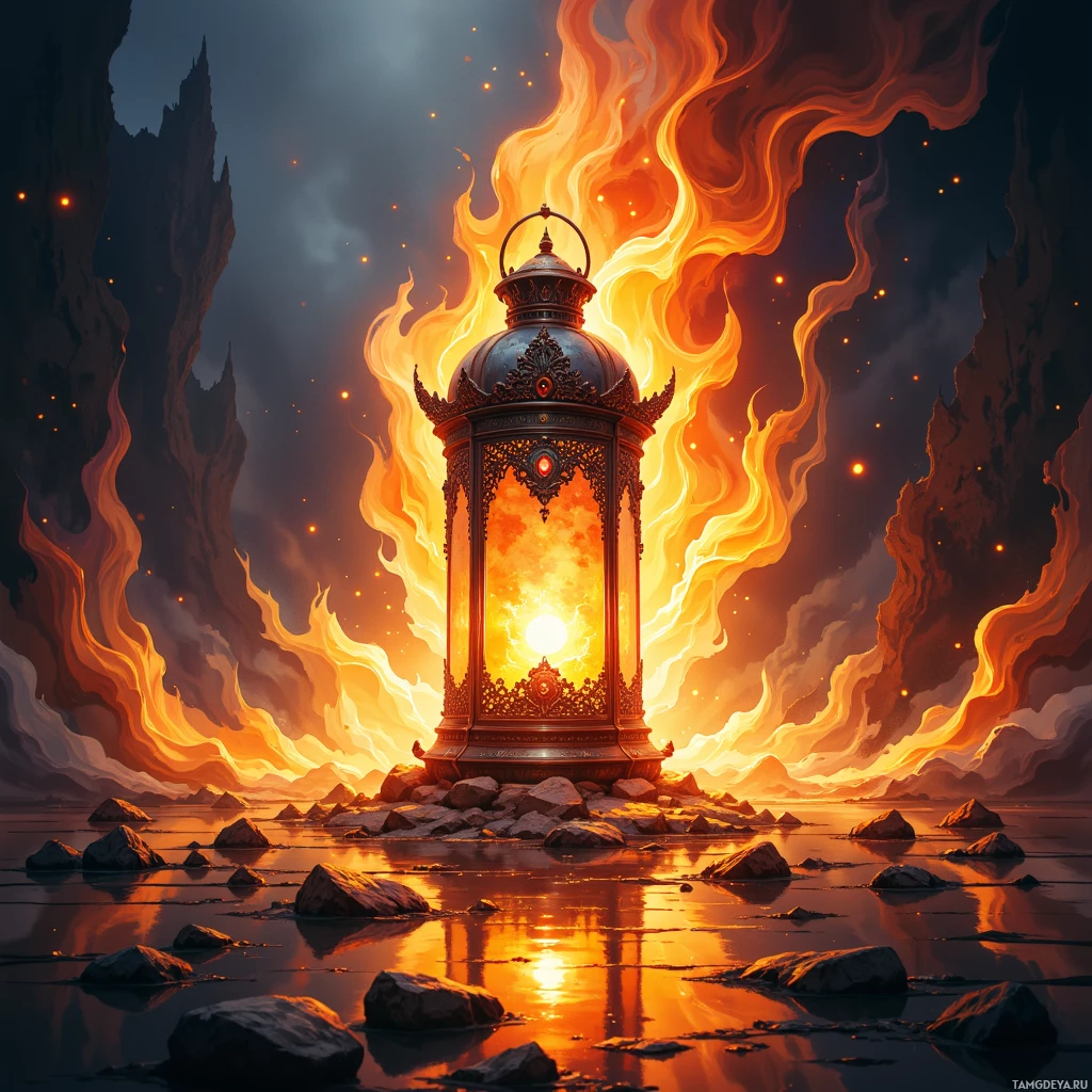 A glowing lantern surrounded by flames and reflected in water.