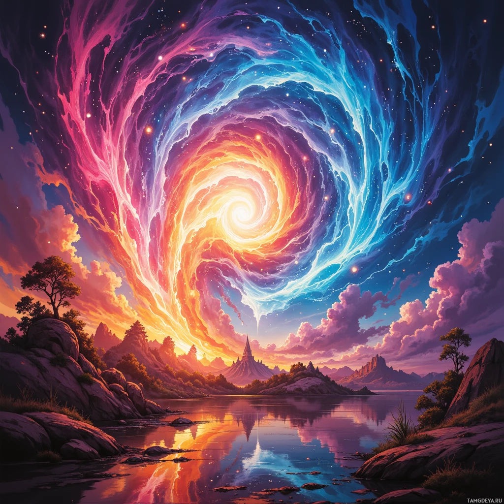 A vibrant, cosmic landscape featuring a swirling galaxy above a serene lake surrounded by rocky terrain and distant mountains.