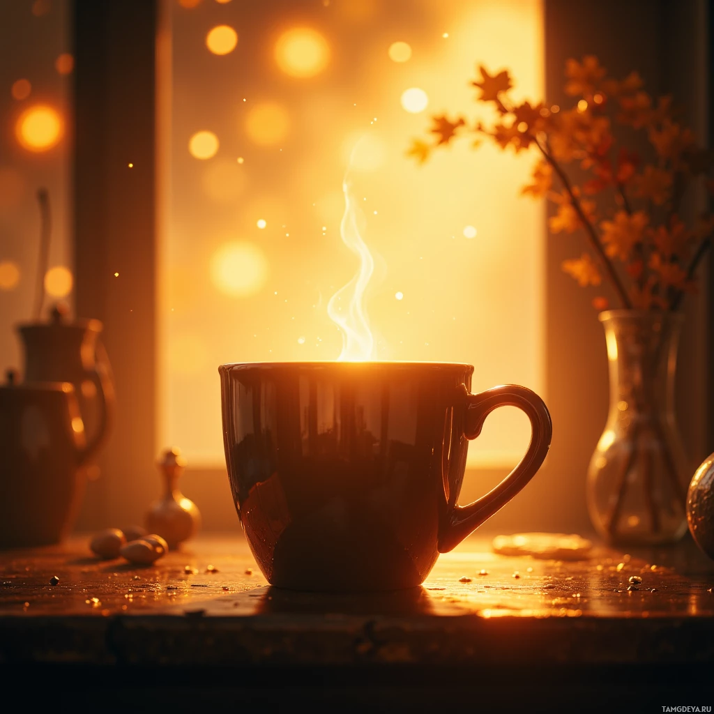 A cozy scene featuring a steaming cup of coffee on a wooden table with warm, golden lighting and autumnal decorations.