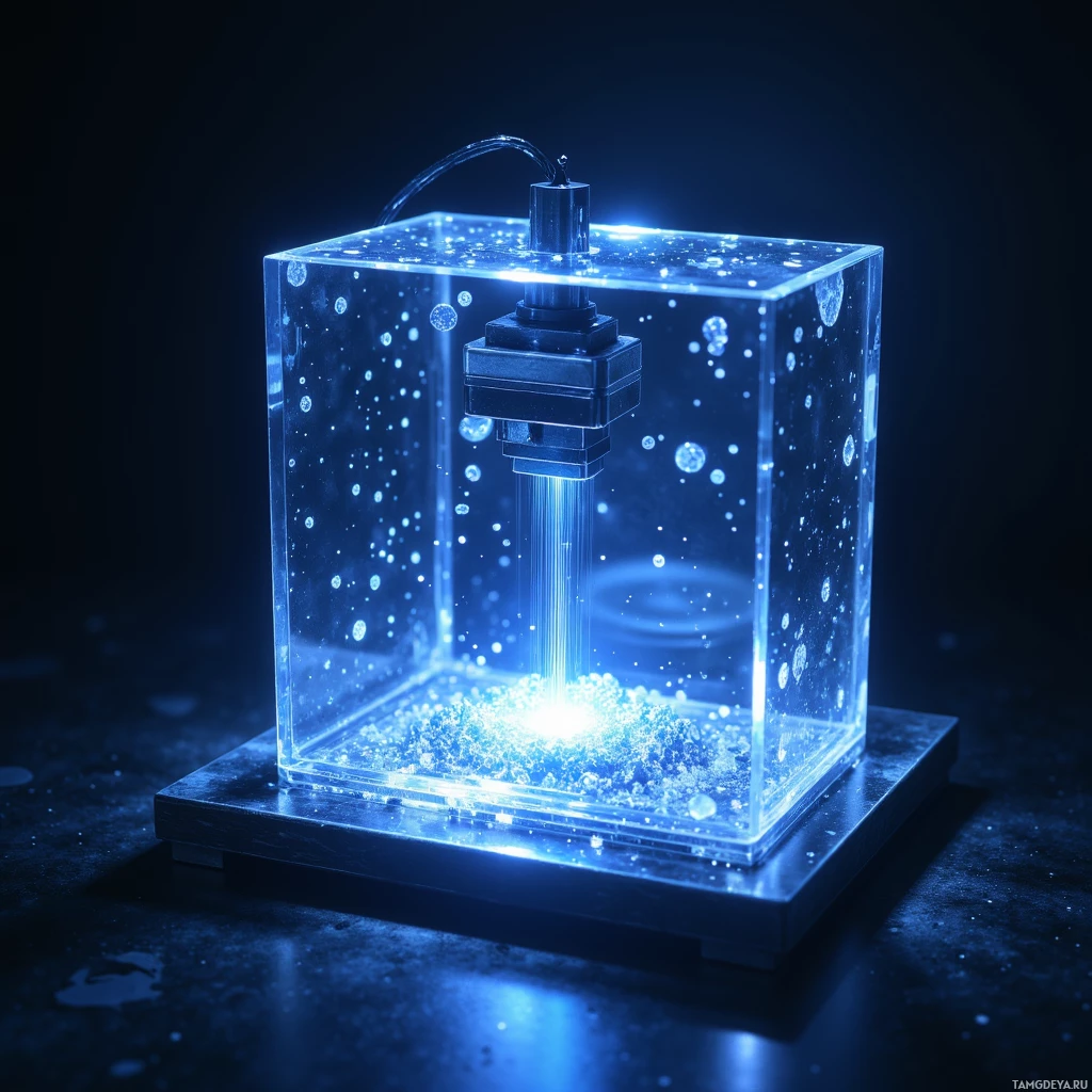 A glowing blue cube with a central light source and floating particles inside.