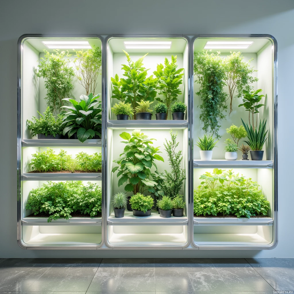 A modern indoor plant display with various green plants arranged on shelves.