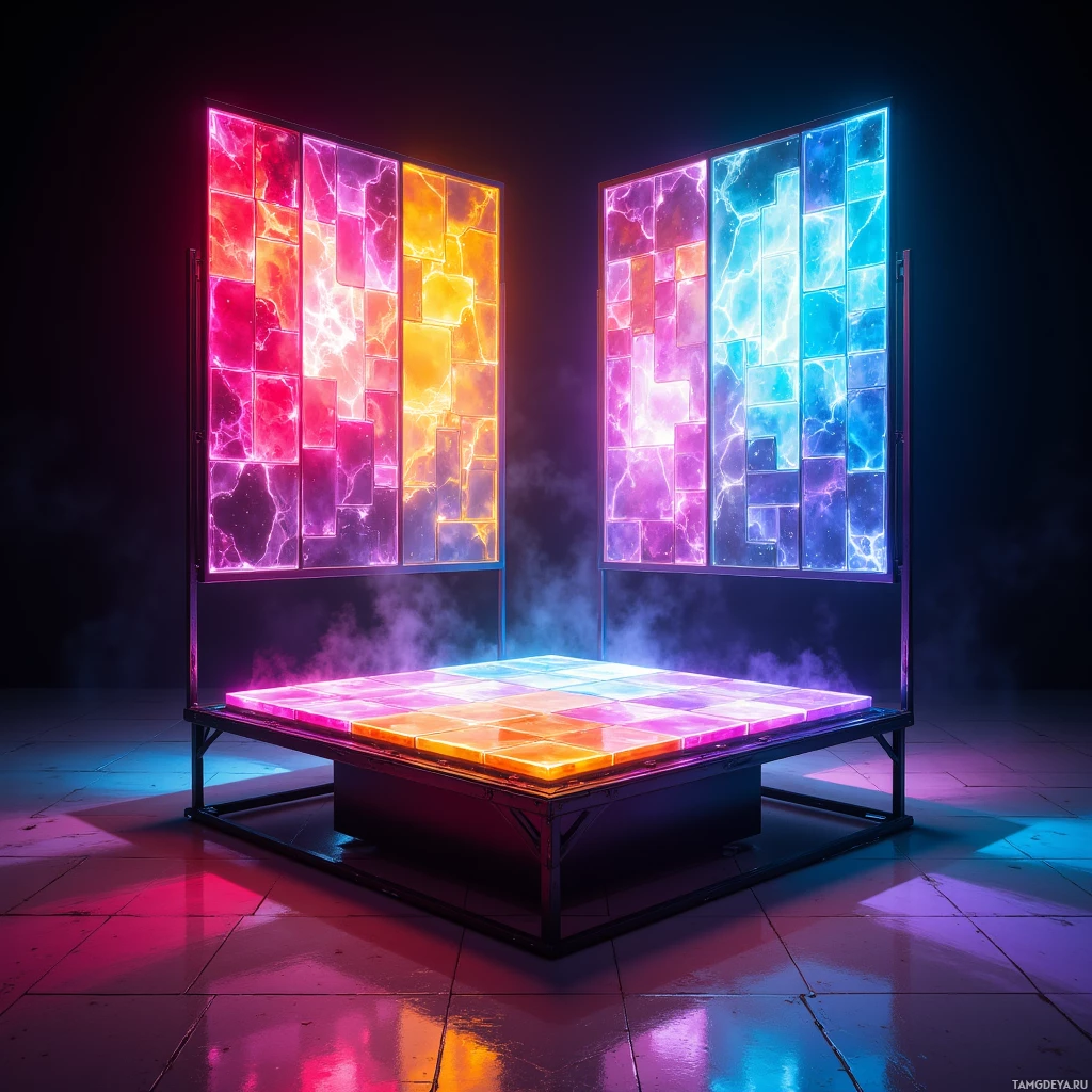 A vibrant, illuminated display with colorful, glowing panels and a reflective floor.