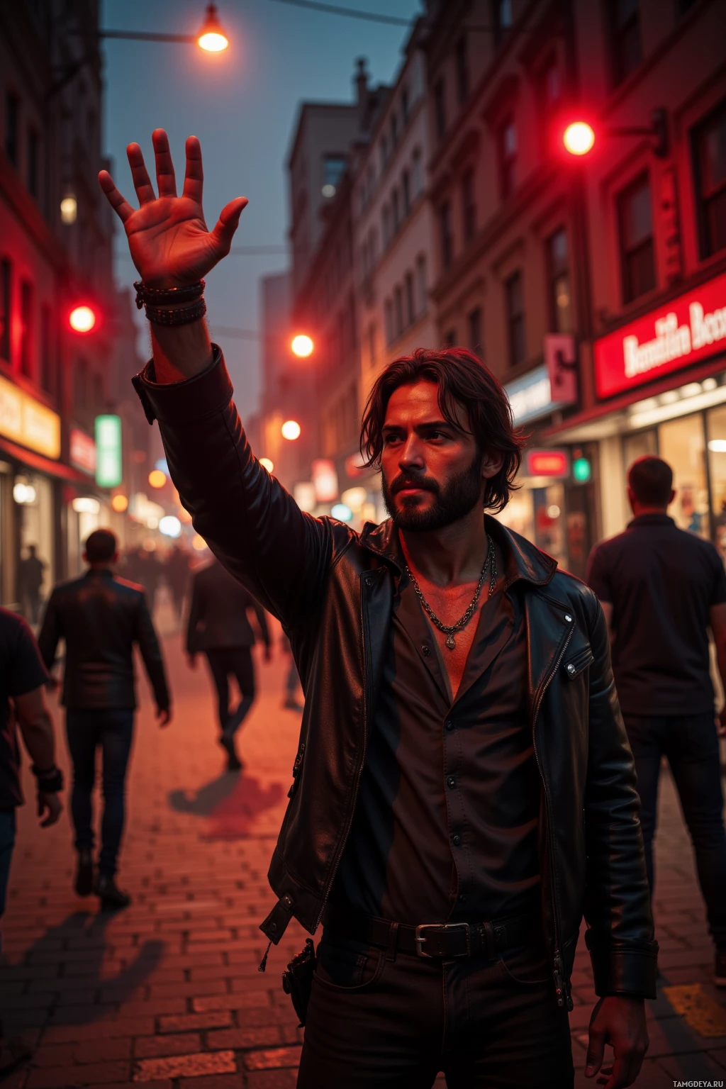 A man in a leather jacket raises his hand in a city street at dusk.