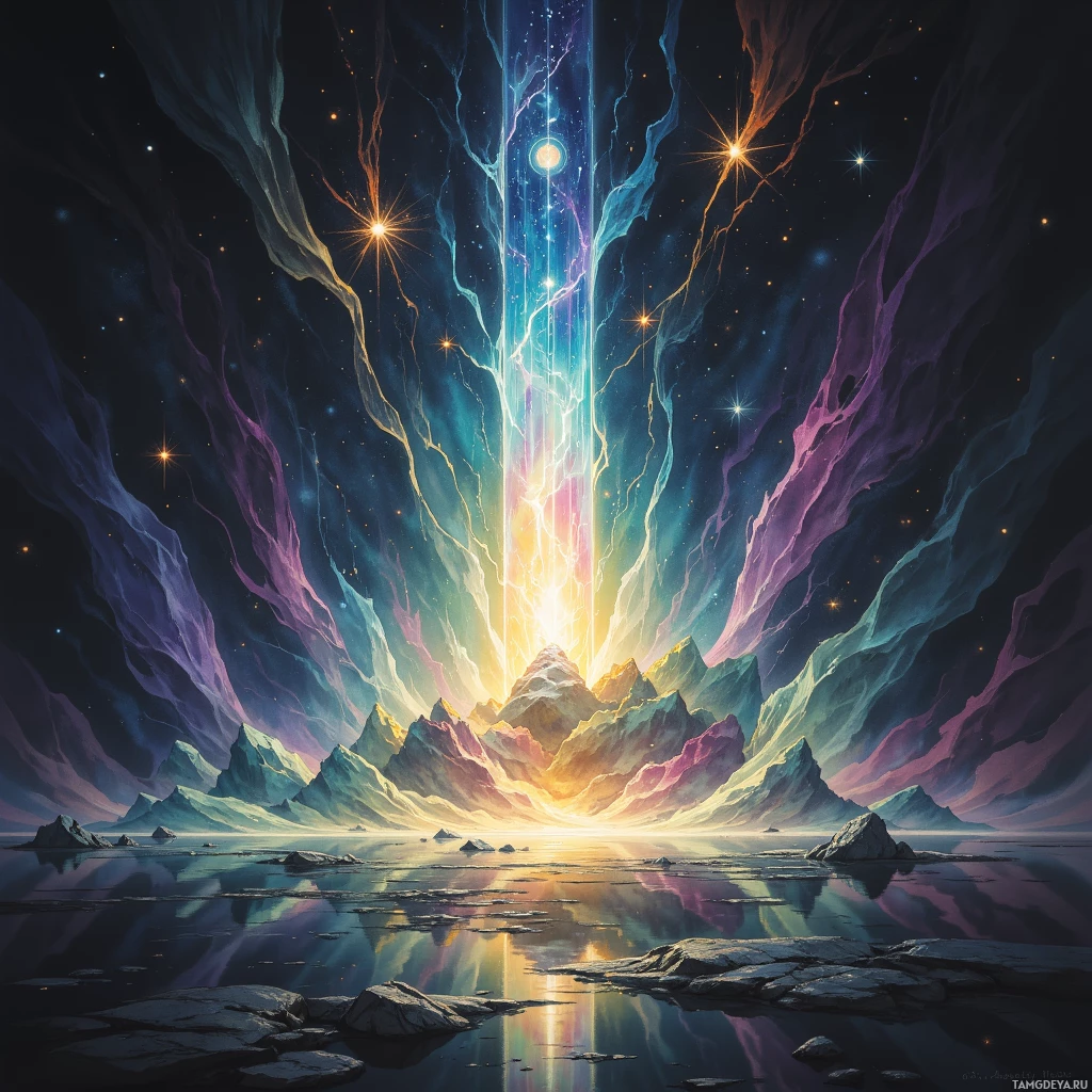 A vibrant, cosmic landscape featuring a glowing celestial body, colorful nebulae, and a serene body of water reflecting the scene.