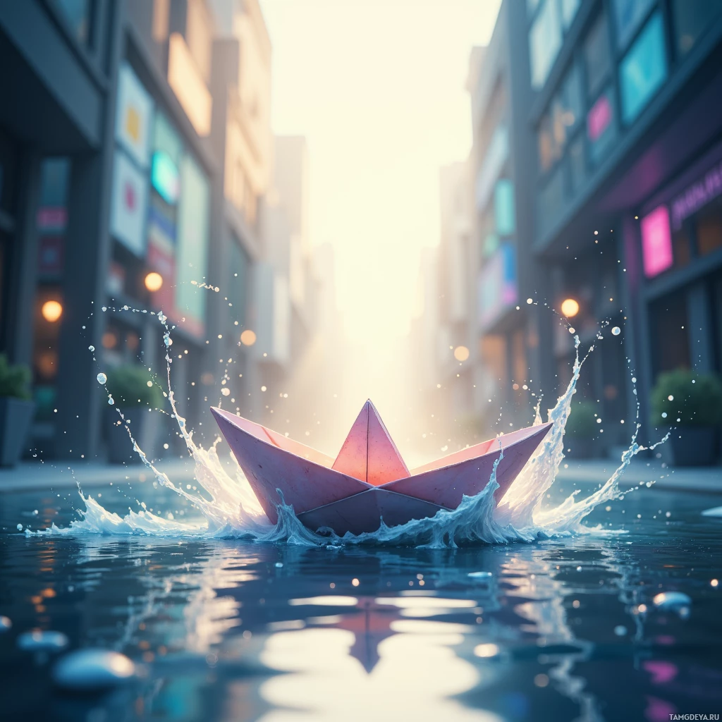 A pink paper boat splashes through water in an urban setting with buildings and sunlight.