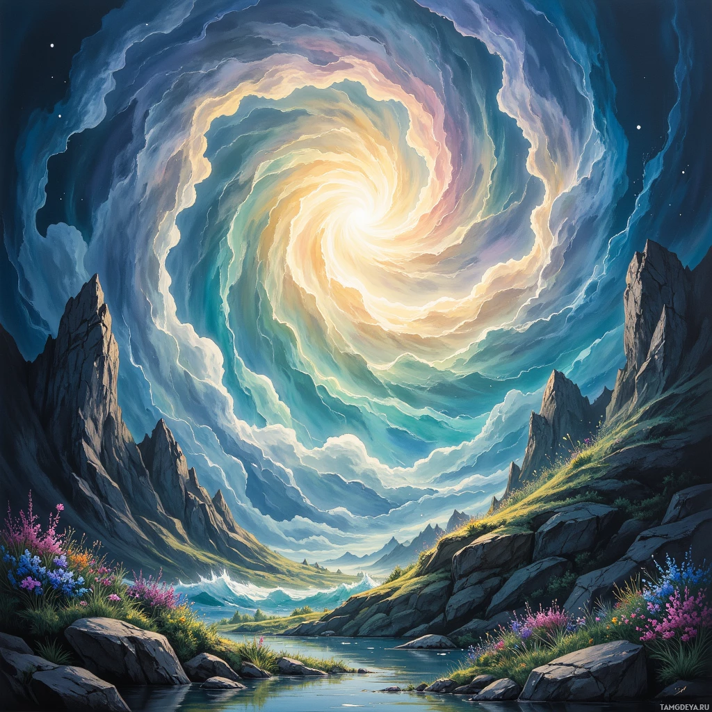 A serene landscape with a swirling sky, rocky cliffs, and a tranquil river.