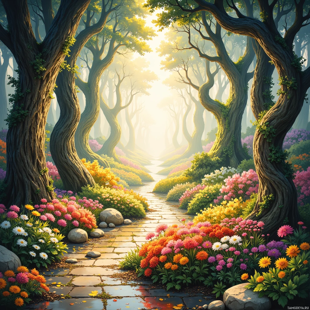 A serene forest scene with a winding path, vibrant flowers, and tall, twisted trees bathed in sunlight.