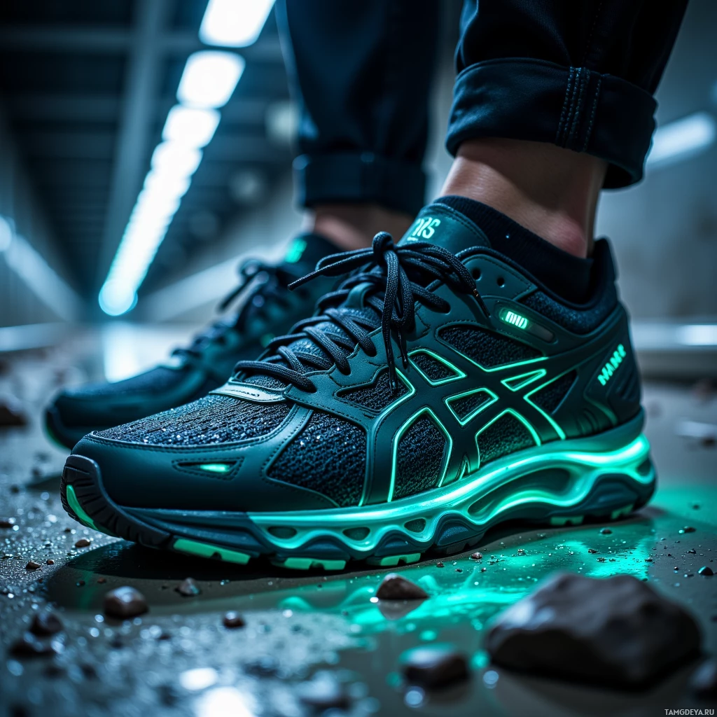 A close-up of a person wearing dark green running shoes with glowing accents.