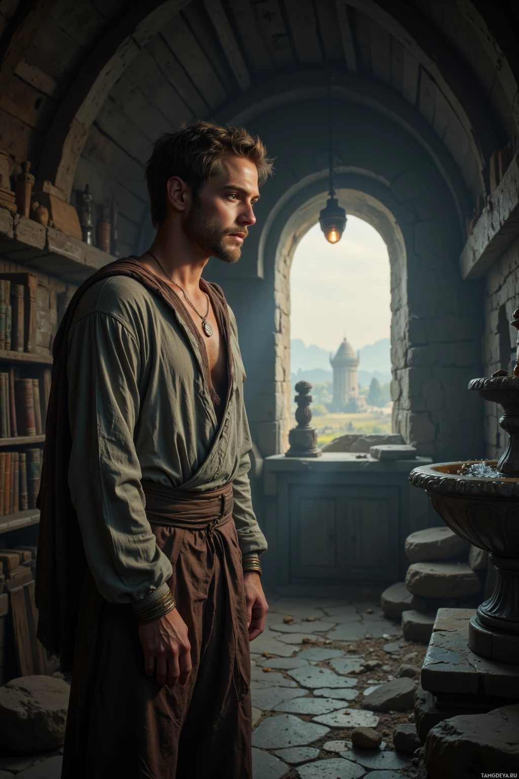A man in medieval attire stands in a stone archway, gazing into the distance.