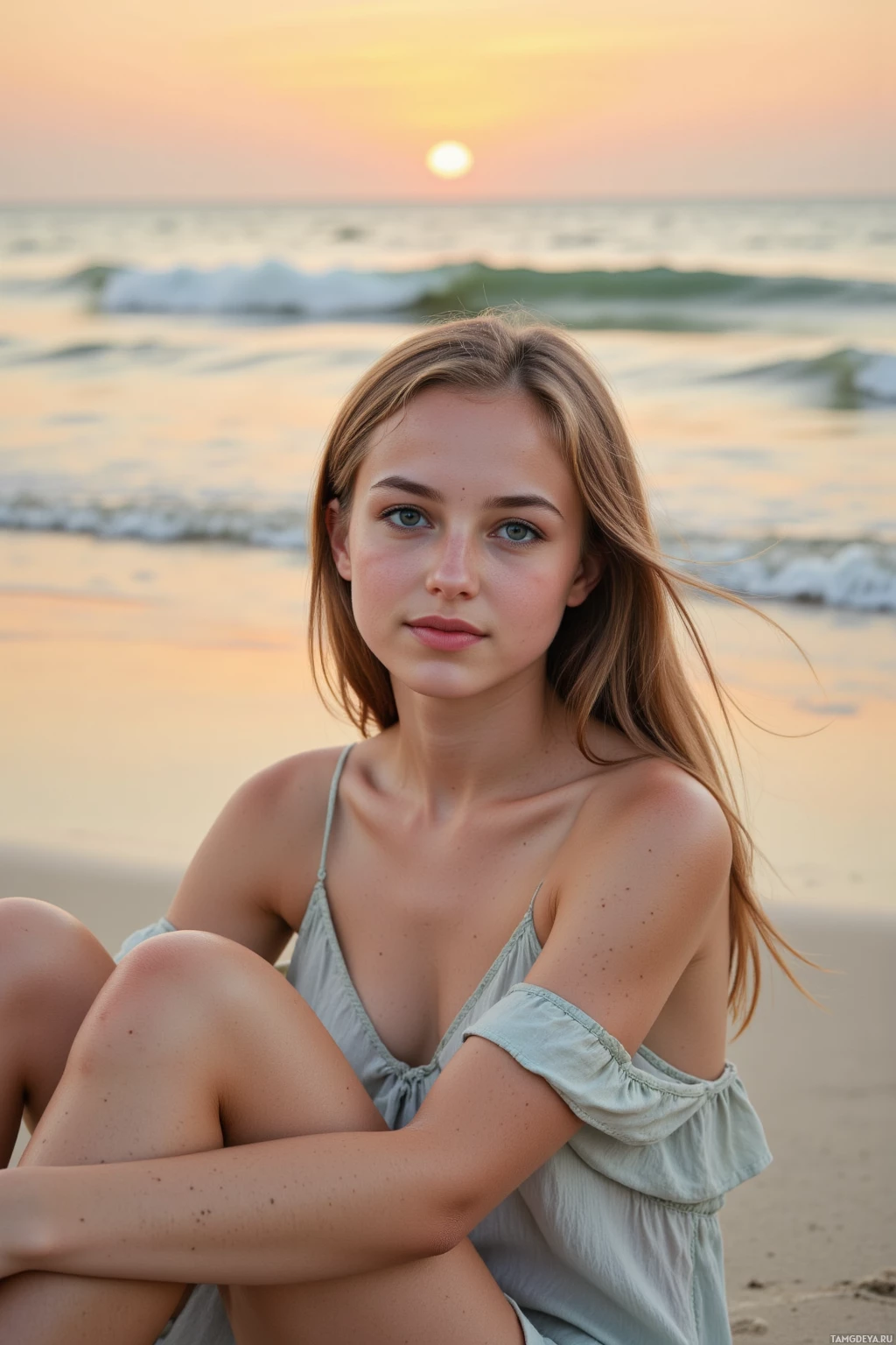 A young woman sits on a beach at sunset, wearing a light-colored dress.