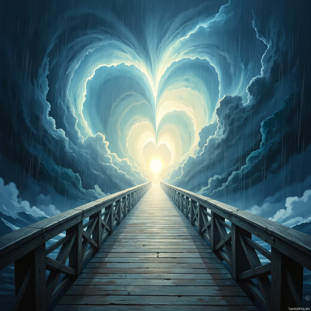 A bridge stretches into a glowing heart-shaped portal amidst a stormy sky.